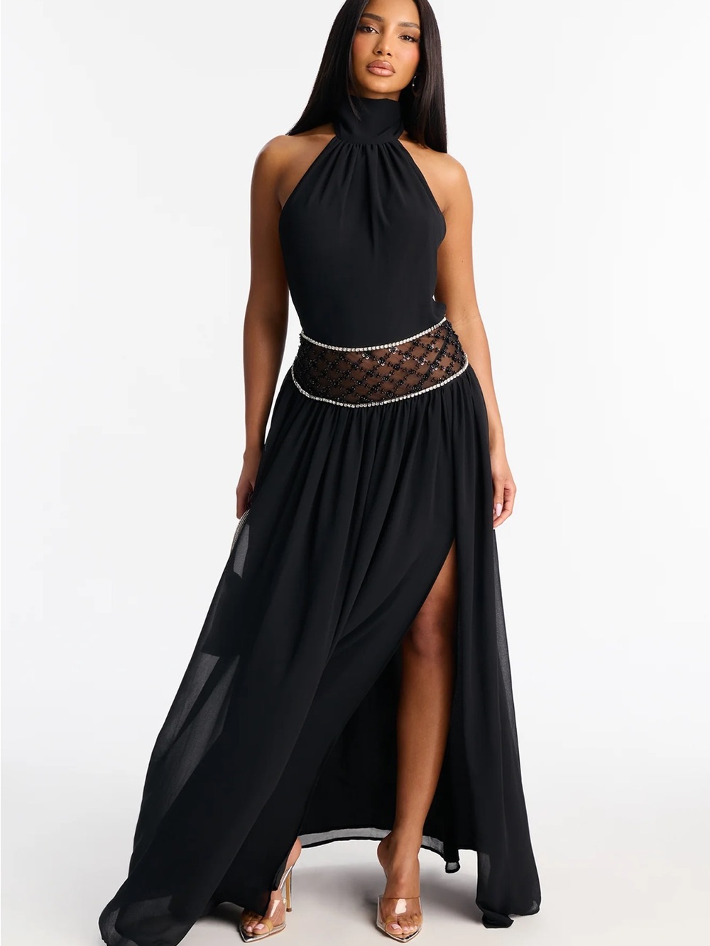 Black Halter Neck Maxi Dress with Beaded Waist